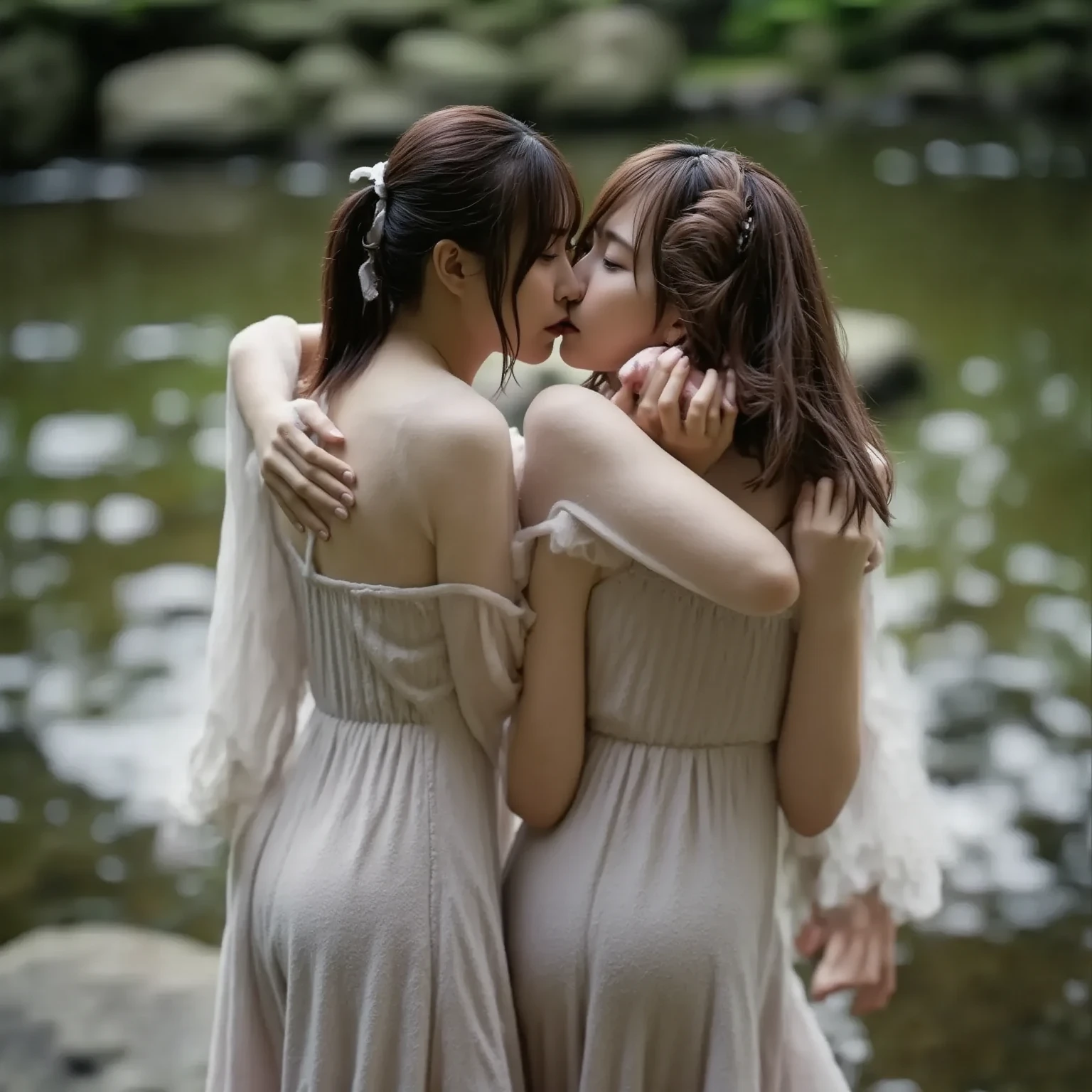 ((Masterpiece)), (Best Quality), (Details), 8girls, (Kiss: 1), Black Hair, Long Hair, Straight Hair, White Bikini, ((Small, Wet, See-through: 1.5, Beauty Face, Lace, Legs, Ultra HD, Lush Breasts, Cleavage, Delicate, Lesbian Kiss,