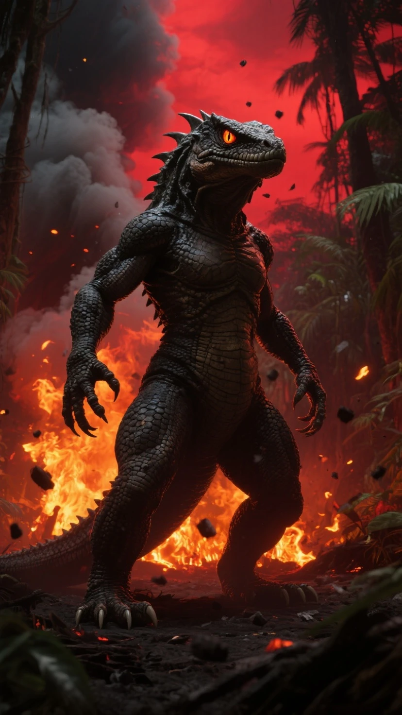 (full body young woman, wide hips, narrow waist, , , very high platform heels, stiletto high heels):.8,  BREAK ( A masterful composition, a dark and gritty but luminous digital fantasy painting in the style of brom, godzilla holds a large toasted marshmallow on a stick, godzilla ignites the marshmallow with flame breath, HDR, 8k, extremely detailed, detailed background, high contrast, bold negative spaces, cinematic, complex and multidimensional lighting, epic, <lora:xl_more_art-full_v1:0.6>  ):3