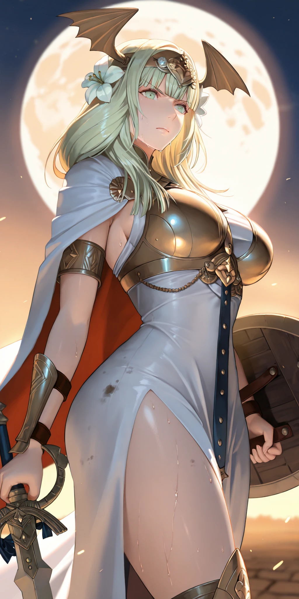 almost realistic, almost realistic, almost realistic, back view, 1 girl - Rhea from Fire Emblem Three Houses, seir0s, blonde hair, long hair, single braid, green eyes, gold forehead protector, wing hair ornament, hair flower, armored dress, sleeveless dress, gold straps, white cape, gold armor, bracers, gladiator sandals, high detailed, best quality, mature woman, mature female, F Cup Breasts, nice F Cup Breasts, huge F Cup breasts, perfect F Cup breasts, flat stomach, ultra detailed, highres, best quality, outdoors, night sky, moon, night time, on a battlefield, profusely sweating, heavily sweating, dirty clothes, dirty body, serious face, angry expression, battle cry, holding sword and shield, cowboy shot, sexy waist, sexy hips, sexy figure, masterpiece, best quality, very aesthetic, absurdres, masterpiece, exquisite quality, highest quality, masterpiece, highest quality, (alone), Textured skin, absurdes, High resolution, best quality, highres, ((((highest quality)))), (((Ultra-precision CG 16K))), (((masterpiece))), (((Very detailed))), (((Extremely detailed))), Maximum clarity and sharpness, Surface Shading, Cinematic lighting, Beautiful details ,Perfect Proportions, accurate, Anatomically correct, Highly detailed face and skin texture, Highly detailed facial and skin texture, Detailed eyes, beautiful hair, Beautiful, Beautiful and beautiful eyes, Beautiful body, Beautiful thighs, Beautiful legs, Beautiful fingers , ((Beautiful Skin)),