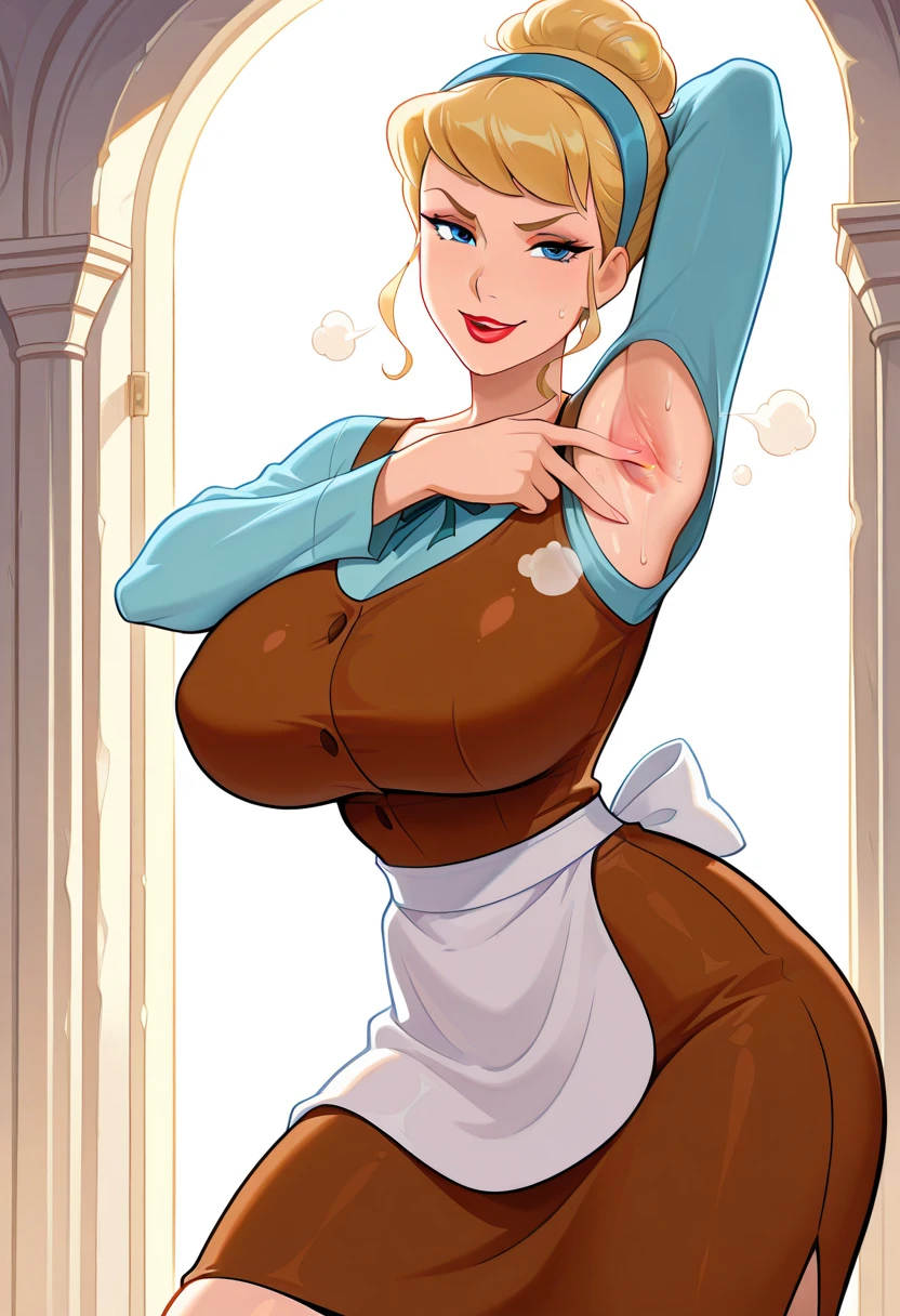 Excited expression, 1girl, anthro, furry, fur, fluffy fur, flareon girl, yellow hair (red highlights), black sclera, white eyes, short hair, Messy hair, (19 years), medium breast, thicc thighs, solo, (bedroom, mansion), sunset, detailed, smug smile, maid outfit, cleaning, score_9, score_8_up, score_7_up, score_6_up, score_5_up, score_4_up, lamia, nipple bulge, blue nipple, blue tongue, long tongue, dakimura