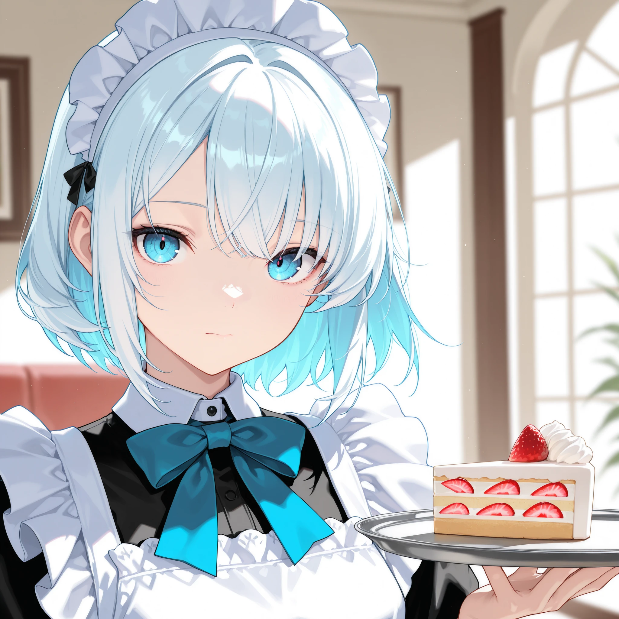 masterpiece, best quality, detailed face, detailed eyes, 1 girl, solo, beautiful, modest chest, slender body, mature, light makeup, adorable, sharp eyes, closed mouth, short hair, light blue hair outer, white hair inner, very long side bangs, short tidy bang, vibrant blue eyes, white maid headband, classic maid dress, blue bowtie, Indoor background, living room, holding cake slice on tray, day, depth of field, bloom, soft lighting, looking to viewer, character close up,