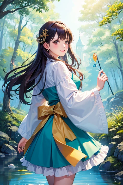 masterpiece, best quality, 1girl, solo, ((mature female)), round pupils, long hair, hair, princess, black dress, fantasy, happy, looking at viewer, cartoon, anime, (oil painting)