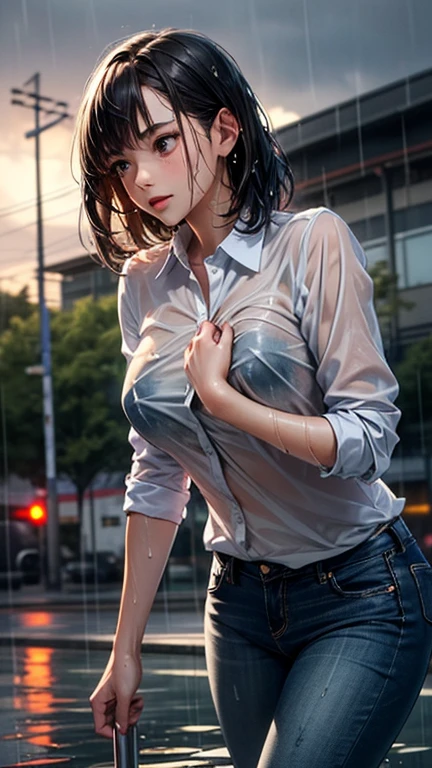 (best quality:1.6), (masterpiece:1.2), (realistic:1.4), 1girl, gothic eye makeup, (((dark brown well tanned skin))), (well toned abs), (((knees up))), light blonde hair, messy short hair, hair over one eye, front open shirt, unbuttoned to the belly, no bra, oversized white shirt, open chest clothing, open front, open shirt, white shirt with wide open chest, open chest wide, mahogany colored skin, Dark black eyeshadow with a gorgeous gothic feel, front open-breasted, handsome face, bronze skin, asymmetrical hair, sitting, (open legs), ((Toothy smile)), exposes her beautiful teeth, crazy smile, parted lip, open her mouth, light blonde hair, mamilos pontudos, pezones grandes y marcados bajo la ropa, Foto de uma mulher com peito em Forma de Torptits, Detailed drawing, perfect anatomy, (High Resolution), (high detailed skin), ((top-quality)), ((High Definition)), high quality shadow, mostly cloudy sky, detailed background, ((Unbeatable masterpiece)), Maximum clarity and sharpness, Multi-layer Textures, Post-Processing, Anisotropic Filtering, octane render, two-tone lighting, professional photography, Realistic portrait, White balance, Long Exposure, Low ISO, 8K RAW, perfect hands, detailed fingers, Ray Tracing, Depth of Field, (((Photorealistic))), anatomically correct, (((Best Quality))), (((Super Detail))), (((UHD)))
