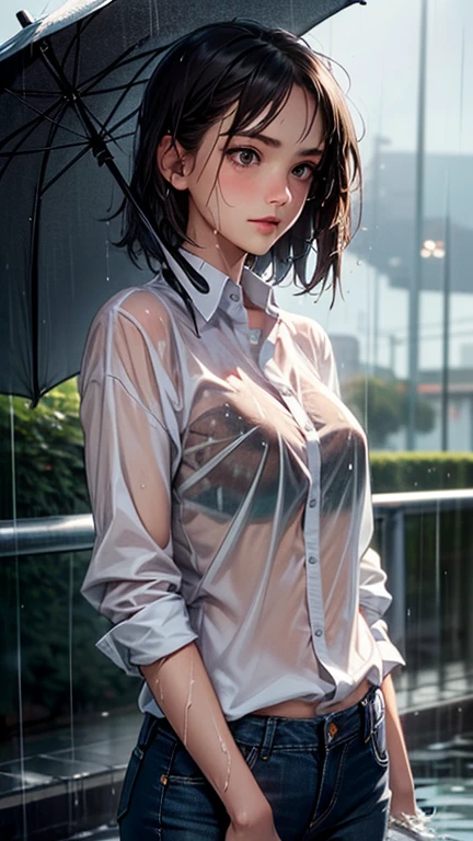 (best quality,highres),beautiful young woman in the rain,glowing wet skin,rain pouring down on her, wet t-shirt and pants, nude bra, reflective puddles,shimmering drops of water,on a rainy street,moody atmospheric lighting,wind-blown hair,in motion,splashing water,romantic ambiance,wet grass, park lights reflecting on the rain,cityscape in the background,dramatic and dreamy,emotional expression,endless rain,the sound of raindrops hitting the ground