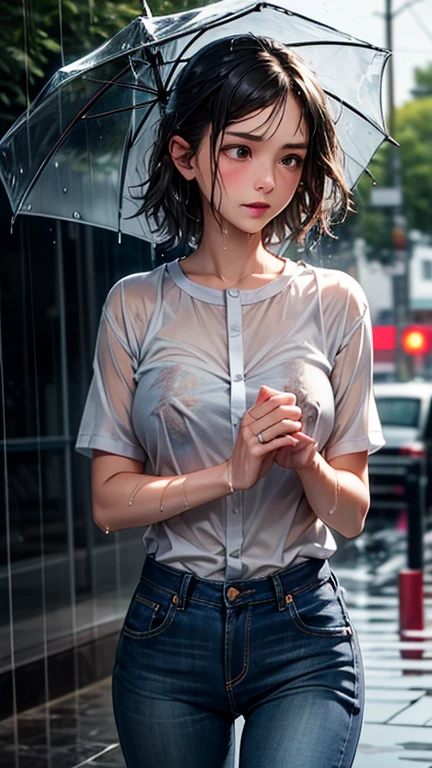 Highest quality、Realistic、、zoom、Primary school students、Girl、look up、cute、Light grey eyes、Black Hair、Short Hair、boyish、Tanned brown skin、Dark Skin、Plain white T-shirt、Denim mini skirt、heavy rain、Heavy Rain、Soaked from head to toe、Wet Hair、Wet Face、Wet body、A wet, clingy shirt、A wet, see-through shirt、Transparent nipples、Shy laugh、Flat Chest、No bra、Bust Shot、thin