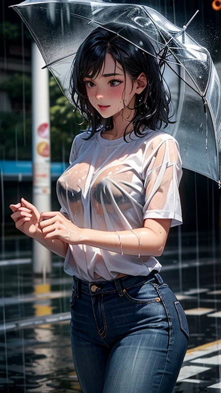 1 girl, single, blue sky, (((wet white shirt)))), ((no bra))))), exposed shoulders and entire navel, no pants, ((((wet thin line thong panties)))), almost completely naked, nsfw, panties almost transparent, (((delicate private details)), (((thin line thong panties))))