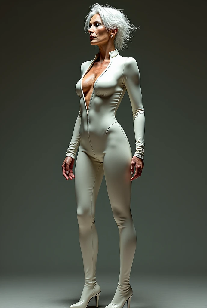 a cement stone statue of 16-year-old girl is standing on floor, a photorealistic cute gymnast, beautiful elegant face, European face like a doll, closed eyes, half-opened mouth, face in a high ecstasy state, short-cut hair, full body portrait, simple long-sleeve leotard, tight-fitting long sleeve leotard.