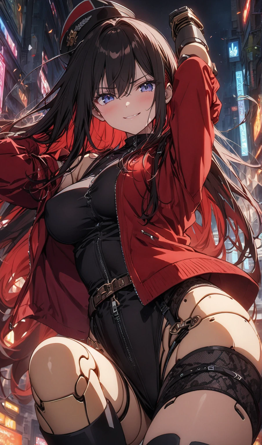 anime, (artwork, best quality, ultra-detailed, high contrast), beautiful, Alone, 1 woman, full body, plus size body, Long hair, black hair, blue highlights at the ends of the hair,red eyes, perfect eyes, ruby sparkles, black leather bodysuit, pleassed skirt, red cloak, (transparent black socks), futuristic, cyberpunk, cinematic angle, Cinematic lighting, Work of art, best quality, nsfw, crotch rubbing standing on the edge of the skyscraper, (skyscraper roof, overlooking a city, detailed background ((night time, Darkness, low light pollution))