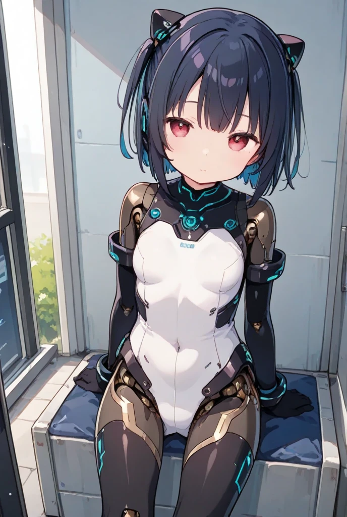 A Female robot is sleeping in bathtub, spread legs, nude, banzai pose. she wears no dress. She Brown short hair is tied with two big red clothespins, She lifts up the under hem of her white plain dress, leaning over, masterpiece, very short pigtails,brown hair, mature, android, blue eyes, full body figure, Height: 160cm, flushed cheeks, 2020s anime picture, A beautiful robot with short brown hair in two short pigtails held up by two very large huge red clothespins, Uplifting, No NSFW, whole body, barefoot, archaic smile, getting orgasm, 25 years old, sweat bucket.