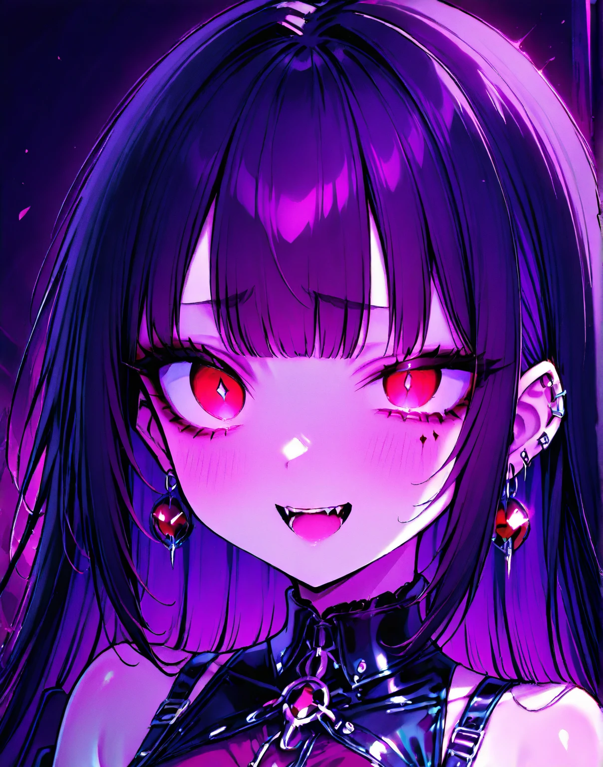 1girl, black hair, long hair, red eyes, cat ears, psychophonky, psychotic, crazy smile, glowing eyes, fangs, sharp teeth, mouth open, tongue sticking out, neon hair