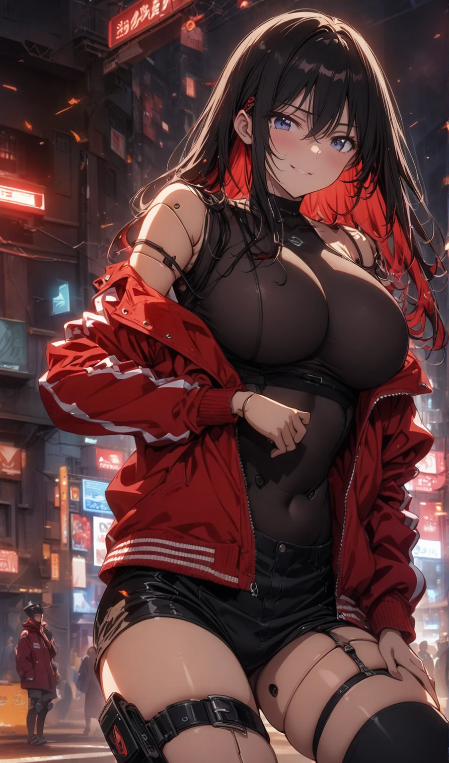 tall cute woman, massive breasts, wearing an opened red jacket with nothing underneath and black pants, She has short dark red hair and wears a striped red and black scarf, also wearing red headphones and a utility belt slinged across her shoulder she is also wearing ski goggles on her head. She has a cold stern look on her face and her arms behind her back. Rainy dark background, vibrant eyes