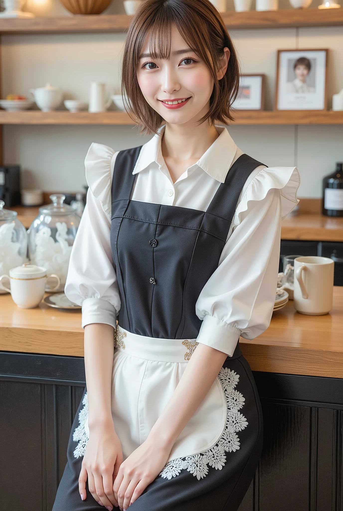 (Highest Quality、table top、8k、best image quality、超A high resolution:1.5, (photorealistic:1.4),masterpiece:1.2,(top-quality:1.4)、Raw photo)、Woman working at a cafe、maid clothes、maid clothesを着たcafe clerk、(highlight your body line:1.1)、Portrait of a beautiful classy woman、the most elegant and cozy cafe、The most natural cafe, Perfectly organized、Most Ambient Warm Lighting、stylish and elegant cafe、 Strongly blurred background 、 look at me and laugh、super high resolution perfect and beautiful teeth、Ultra HD beautiful face、ultra HD hair、Ultra HD The Shining Eyes、The Shining, Super High Quality Beautiful Skin 、one beautiful girl with super high quality glossy lips、Japanese idols、30 years old、are beautiful in every detail and have an eye for detail、detailed face、beautiful skin、slender、surimi waist、thin legs、glamorous hairstyles:1.3、cafe clerk 、smile:1.2、、1a japanese girl、Cute、 (RAW Photo:1.2), (photorealistic:1.4), beautiful detailed girl surrounded by thugs, very well detailed eyes and face、hair that extends to the shoulders、Shortcut Hair、dynamic、Clerk working at a maid cafe,brown hair