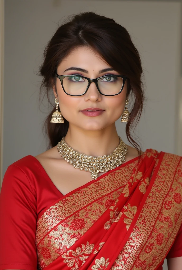 extreme close up photo of naked indian, big cheeks, hourglass figure, curvy, kneel down on all four on table in office, red lips, nerd glasses,big , necklace, sultry, only saree, no blouse,no bra,look at viewer and subtle smile, (cinematic:1.3), intricate details, (ArtStation:1.2)