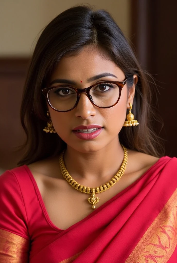extreme close up photo of naked indian, big cheeks, hourglass figure, curvy, kneel down on all four on table in office, red lips, nerd glasses,big , necklace, sultry, only saree, no blouse,no bra,look at viewer and subtle smile, (cinematic:1.3), intricate details, (ArtStation:1.2)