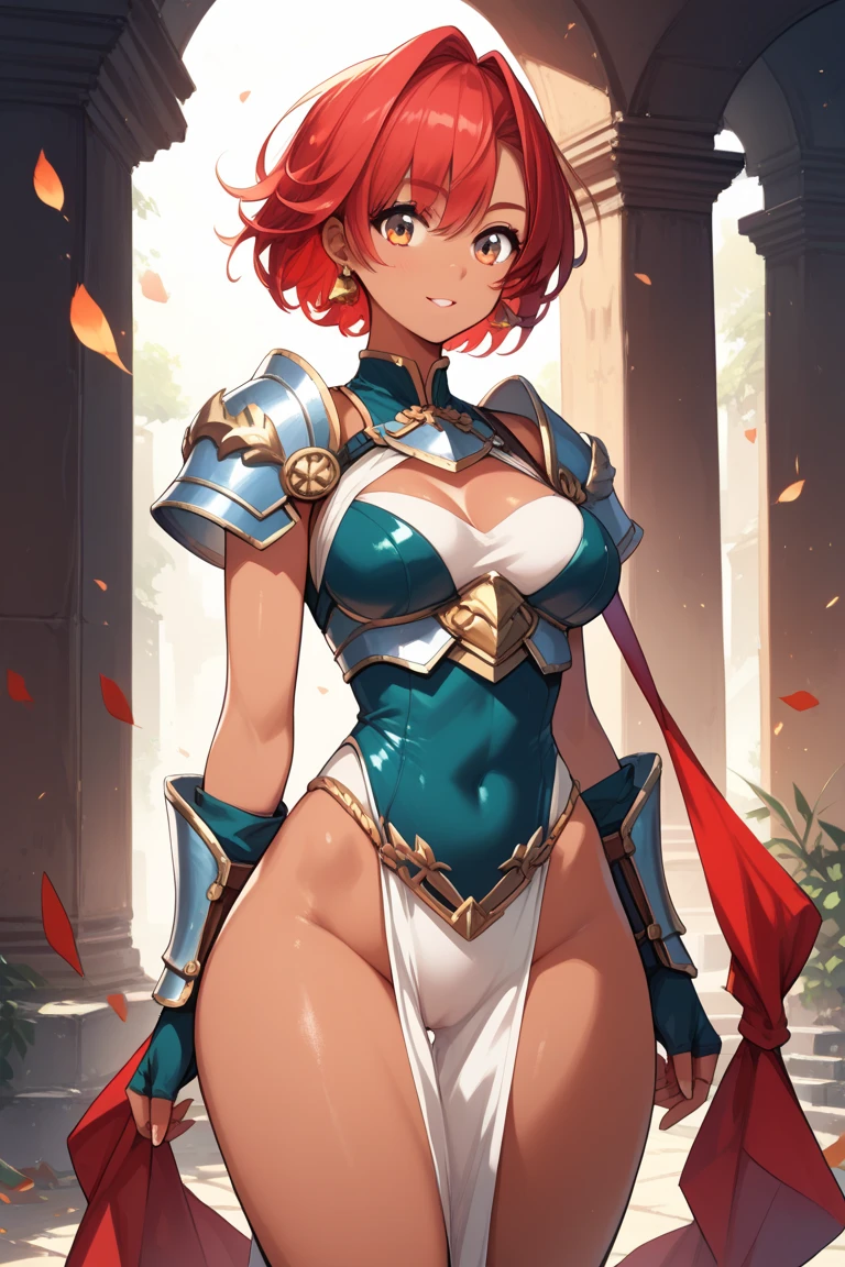 {Highest quality}, {{masterpiece}}, {High resolution}, Highly detailed girl, (((breast focus))), ((Cute eyes)),Bonfire\(Xenoblade\), Simple Background, masterpiece, Official Art, Fits perfectly to the skin, jewelry, Large Breasts, Red eyes, Put your arms behind your back, Red shorts, Dress in Armor,, masterpiece, Highest quality,Red hair