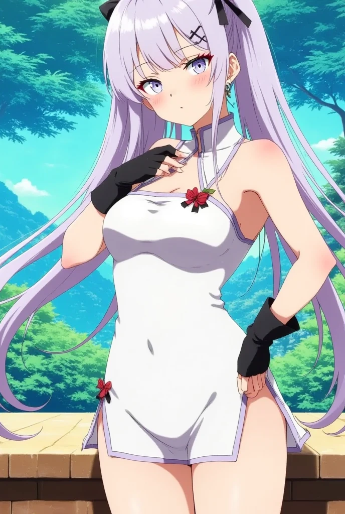 ((masterpiece)), ((best quality)), <lora:artkoikoi_Melascula_7DS:1>, melascula, empty eyes, 1girl, solo, long_hair, blush, pink thighhighs, pink_hair, purple_hair, blunt bangs, leotard, white cloth, breasts, large breasts, navel, cowboy shot, midriff, looking at viewer, posing, stone wall, interiors, rimlight, cameltoe