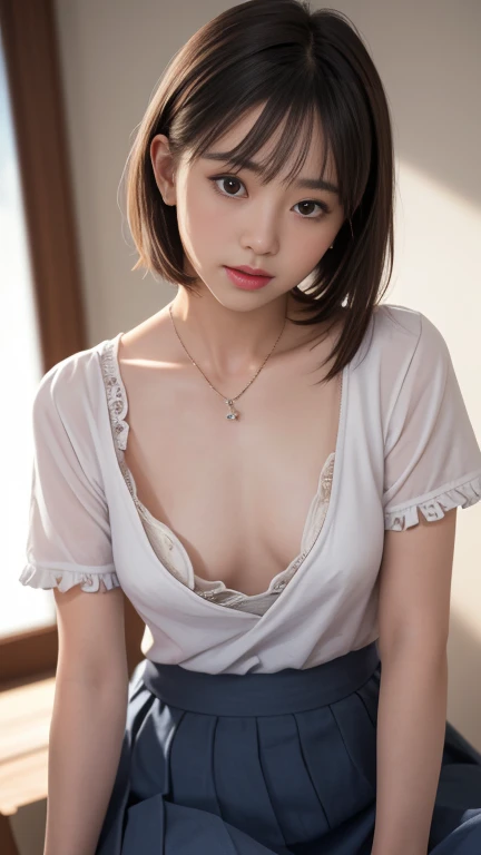 highest quality, masterpiece, ultra high resolution, (realistic:1.4), 20-year-old,1 girl,super high quality,8k,thinウエスト,thin脚,thin and beautiful arms,beautiful fingers,The shape of the breasts is clearly visible,Sale eye makeup,My nipples are erect,thin,Medium chest,soft chest,(((Short and transparentTonly shirt and panties))),The shirt is so short that you can see the underline of your breasts,((straight hair to shoulders)),((Bangs short hair)),realistic,picture media chest)),((toothy smile)),((big smile))