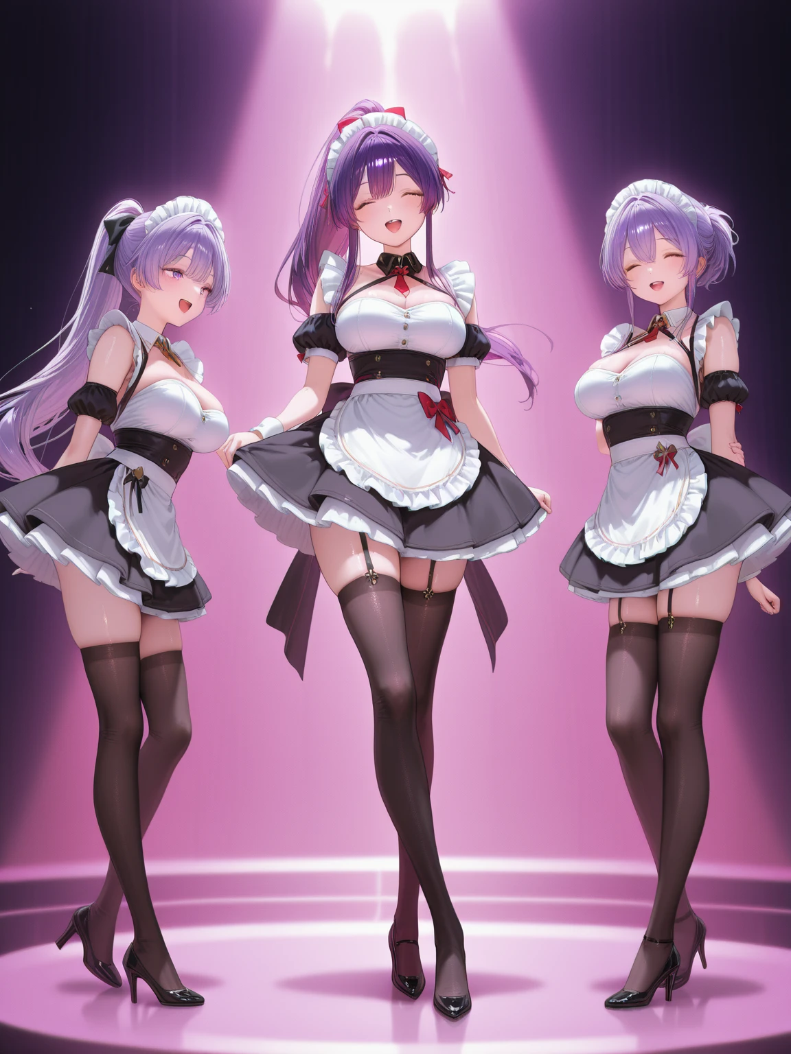best quality, absurdres, arena, woman, maid, curvy, two side up, purple hair, silver hair, fair skin, giant, frilled clothing, maid, thighhighs, young adult, on stage, cute, fantasy, anime
