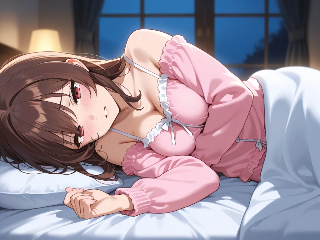 (A slight smil:1.4), Cute, (1 girl:1.1), Solo, (light brown hair:1.3), Medium Hair, Wavy Hair, Purple eyes, Ahoge, (Rabbit ears:1.6), Princess Cut, (Sheer nightgown:1.6), (Chibi:1.5), (Big breasts:1.4), (cleavage:1.4), (Lying on your side:1.6), bed,Big buttocks,holding pillow,going to bed