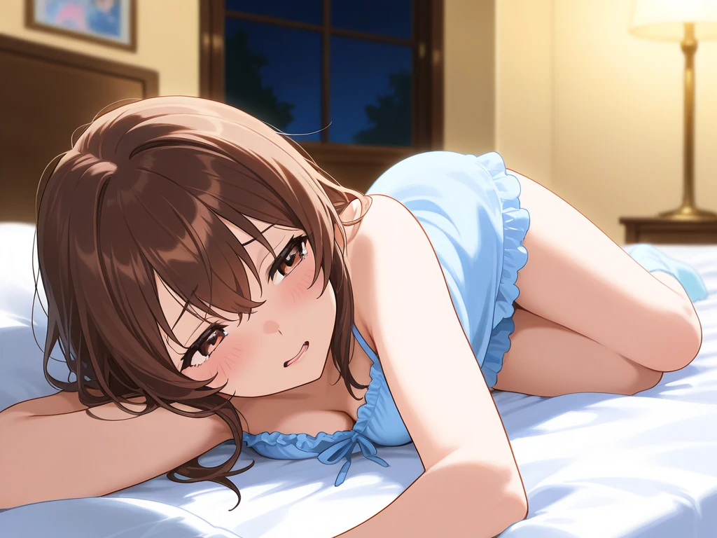 ((masutepiece)), ((Best Quality)), (Ultra-detailed), Anime style, look down from above, on the bed, Cute little girl s, 1girl in, Solo, underwear00, ((Beautiful eyes)), large full breasts, Smile