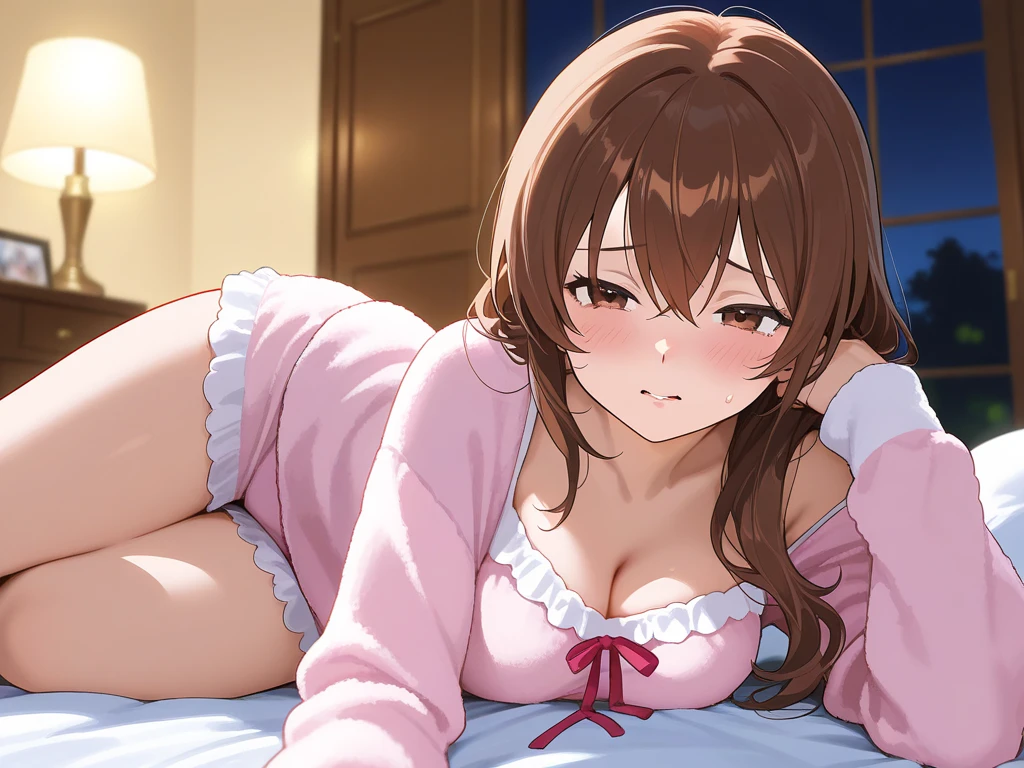 nsfw,anime,anime style,high resolution、high quality、masterpiece、4k,8k,POV,(1boy and 1girl,sex,cum shot,cum in pussy,intercourse with a man,spooning:1.5),(torino_kazami,mature female,(nagatiti,gigantic breasts:1.5),(plump:1.2),brown hair,brown eyes,updo,lipsticks,wide hips,thick thights),(pink bikini:1.4),(happy smile),((night scene,bedroom,hotel,large bed,on side:1.3)),(wet,sweat),skindentation, cleavage,bursting breasts,(sagging breasts:1.4),(blush:1.2),(open bikinitop,nipples:1.4)
