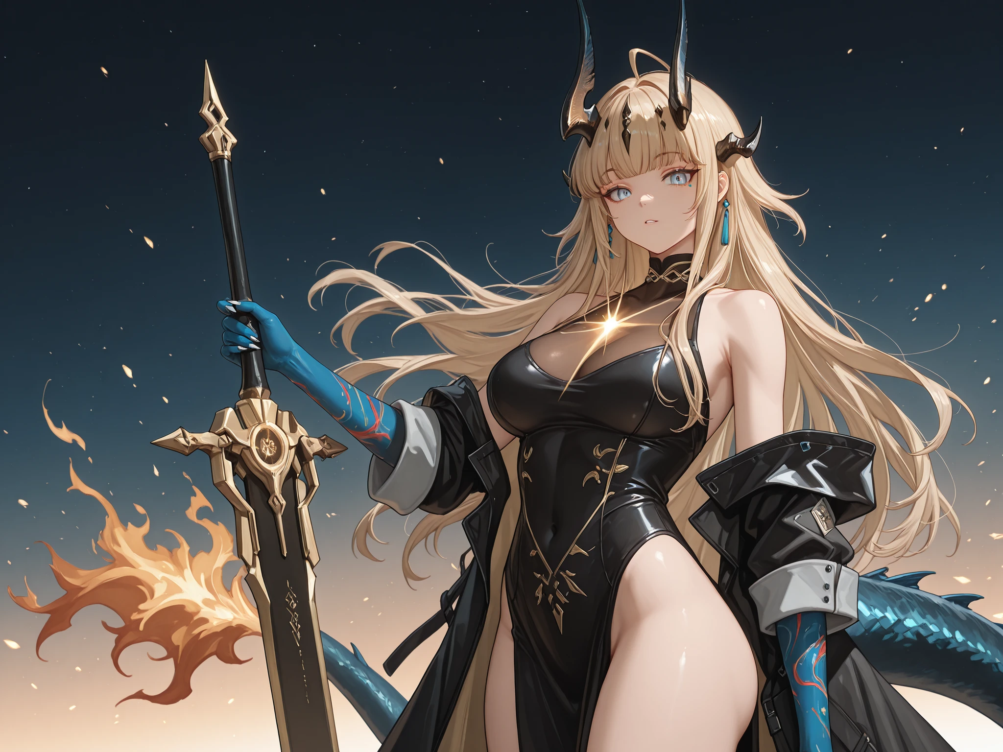Sozinho, 1 , facing the viewer, blond hair, Azuma Toki hairstyle, Azuma Toki's face, olhos azuis, Long FRINGE, Perfect Anatomy, estudante, Reed's black horns from "arknights", Long black horns, face feroz, dragon tail in blue color, golden flame on the tip of the tail, young girl , perfect body, jovem, sensual, perfect and beautiful face;
A black coat like Dusk with "Arknights", sexy black Chinese dress (dress must be black), exposed arms, blue arms with gold spots, hands with claws, blue hands with gold spots;
facing the viewer, cara a cara, fundo preto, sexy pose, big ass, big breasts;
Holding a heavy sword (giant sword) Nian style a from "Arknights" (but a sword must be a sword Heavy sword, montante), golden details on the sword, desenho de giant sword, Blue blade;
attack position, exposed shoulders and head, near the face , looking at the character, looking at the viewer, cara a cara, confiante, cute expression;
Pay attention to the necessary colors, , maximum resolution ;
uma imagem +18, A sexy image;