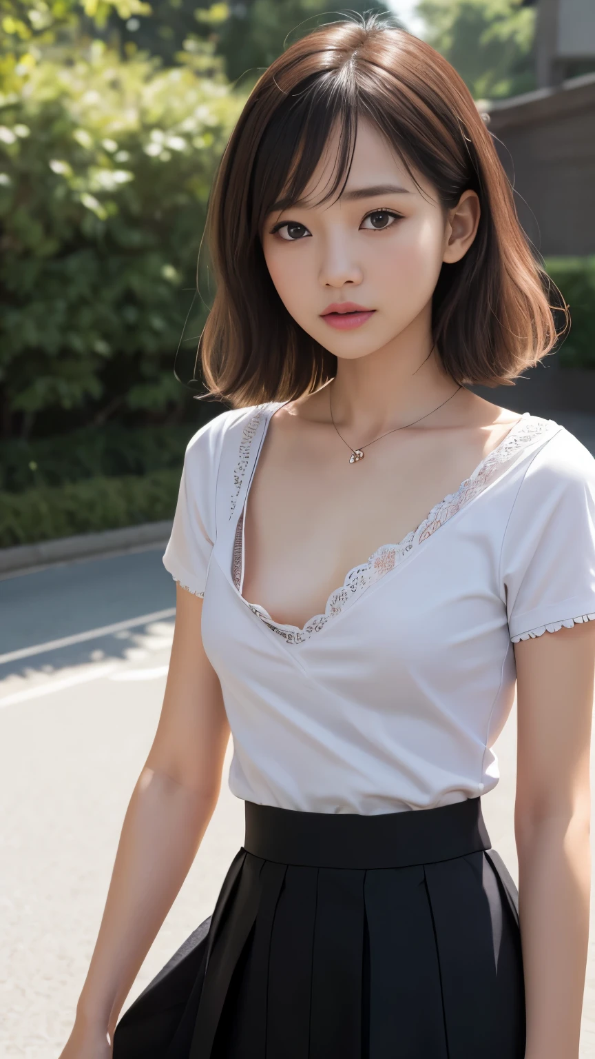 Japanese girl wearing a loose costume , down blouse , thoracic,(((small breasts))),(slender) , (((Flat chest))), is frustrating, ((((前かがみ, 机で署名する)))),close-up, necklace , ((highly detailed realistic bra with embellishments)) ,((Overlap Short Sleeve T Shirt)), short hair,masterpiece, Highest Quality, (realistic, photo-realistic:1.4), ( RAW photos :1.2), very detailed CG unity 8k wallpaper, one white luxury handbag, great, fine-grained, official art, absaudress, incredibly absaudress, huge file size, ULTRA DETAIL, very detailed, very detailed girl, young face、 young body、((((long skirt)))) ,(masterpiece:1.2, Highest Quality), (very well detailed:1.3), one girl,short hair, 