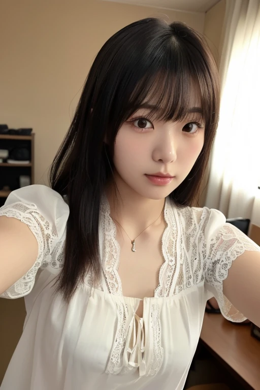 garden、White short-sleeved dress、Selfie、smile、Symmetrical face