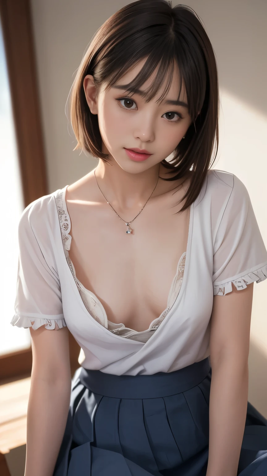 Japanese girl wearing a loose costume , down blouse , thoracic,(((small breasts))),(slender) , (((Flat chest))), is frustrating, ((((前かがみ, 机で署名する)))),close-up, necklace , ((highly detailed realistic bra with embellishments)) ,((Overlap Short Sleeve T Shirt)), short hair,masterpiece, Highest Quality, (realistic, photo-realistic:1.4), ( RAW photos :1.2), very detailed CG unity 8k wallpaper, one white luxury handbag, great, fine-grained, official art, absaudress, incredibly absaudress, huge file size, ULTRA DETAIL, very detailed, very detailed girl, young face、 young body、((((long skirt)))) ,(masterpiece:1.2, Highest Quality), (very well detailed:1.3), one girl,short hair,