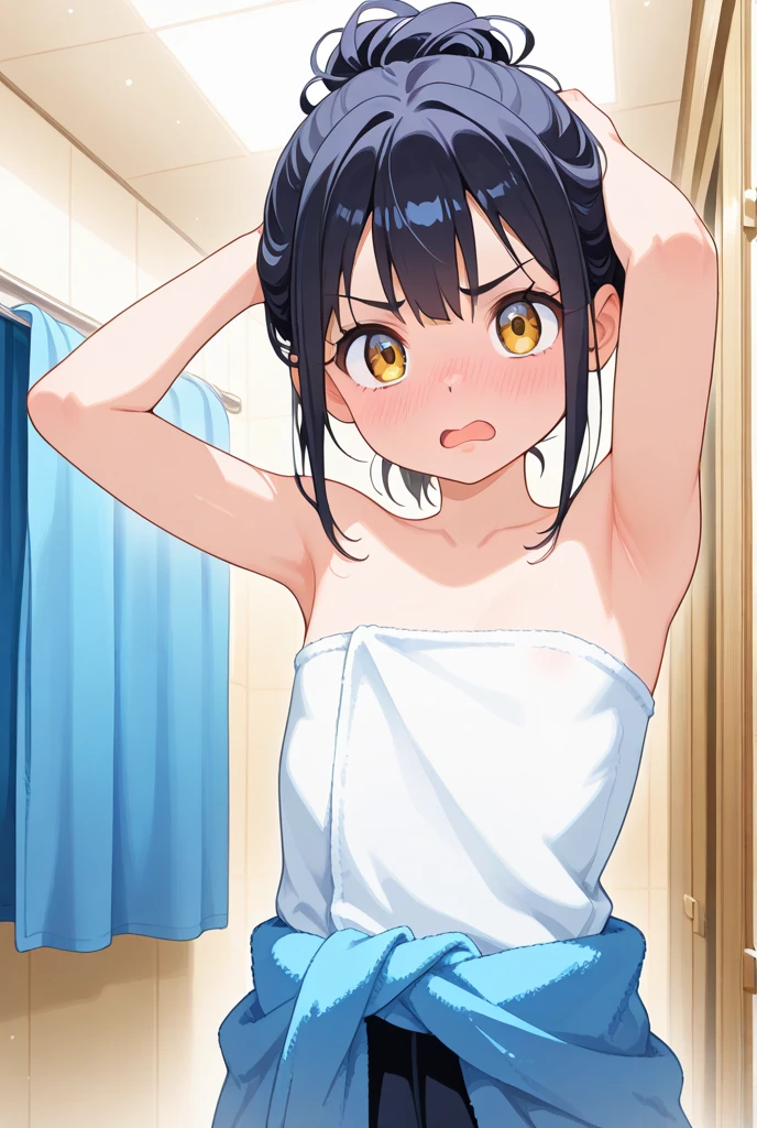 On the table, best quality, high resolution, 1 Girl, Japanese,Black Hair,Half bun,(After bathing,team, Posing in a towel ,Woman coming out of the shower,Soaked,Naked:1.1),(surprise:1.6),(open mouth:1.1),Throw,Looking at the audience,nipple,Upper Body
