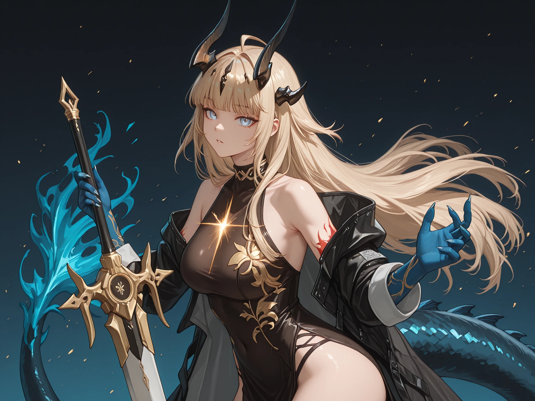 Sozinho, 1 , facing the viewer, blond hair, Azuma Toki hairstyle, Azuma Toki's face, olhos azuis, Long FRINGE, Perfect Anatomy, estudante, Reed's black horns from "arknights", Long black horns, face feroz, dragon tail in blue color, golden flame on the tip of the tail, young girl , perfect body, jovem, sensual, perfect and beautiful face;
A black coat like Dusk with "Arknights", sexy black Chinese dress (dress must be black), exposed arms, blue arms with gold spots, hands with claws, blue hands with gold spots;
facing the viewer, cara a cara, fundo preto, sexy pose, big ass, big breasts;
Holding a heavy sword (giant sword) Nian style a from "Arknights" (but a sword must be a sword Heavy sword, montante), golden details on the sword, desenho de giant sword, Blue blade;
attack position, exposed shoulders and head, near the face , looking at the character, looking at the viewer, cara a cara, confiante, cute expression;
Pay attention to the necessary colors, , maximum resolution ;
uma imagem +18, A sexy image;
