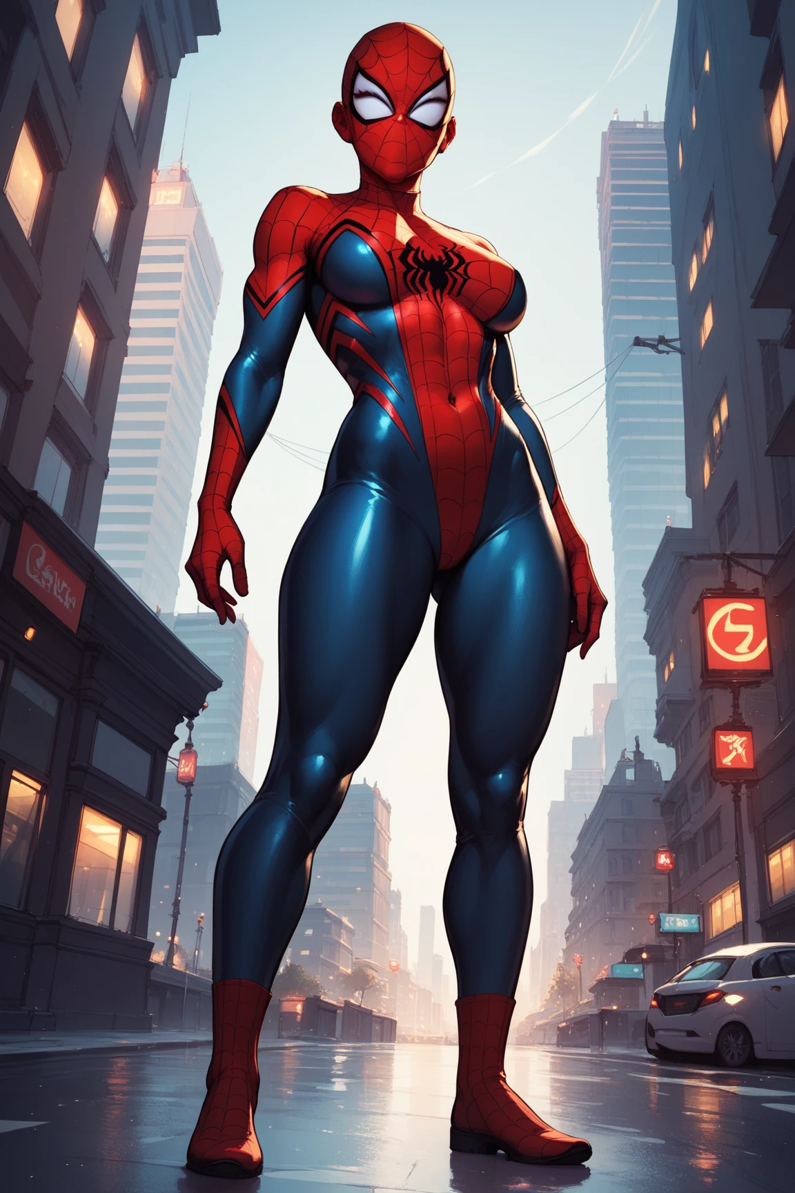 RAW photo, (solo, fullbody photo of female spiderman:1.2), (bald:0.9), helmet, highheels, (huge breasts:1.1), intricate details, standing on sklyscraper, city, nightsky