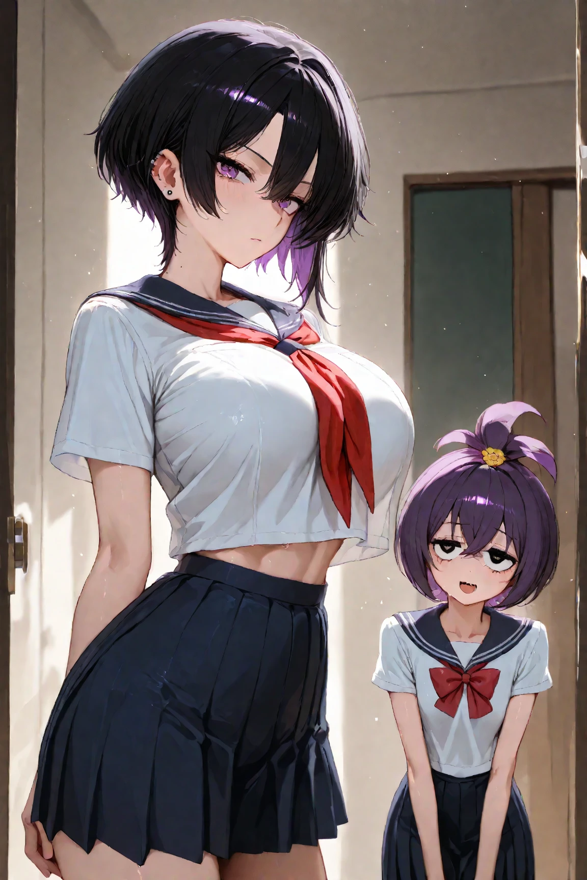 Anime highschool Girl, very short purple Hair, Green eyes, oily eyelashes, fat lips, in White underwear, thicc Body, large breasts, in a Dog Pose, smiling, a highschool Student is under her, He is in Uniform, is skinny, has black Hair, is blushing
