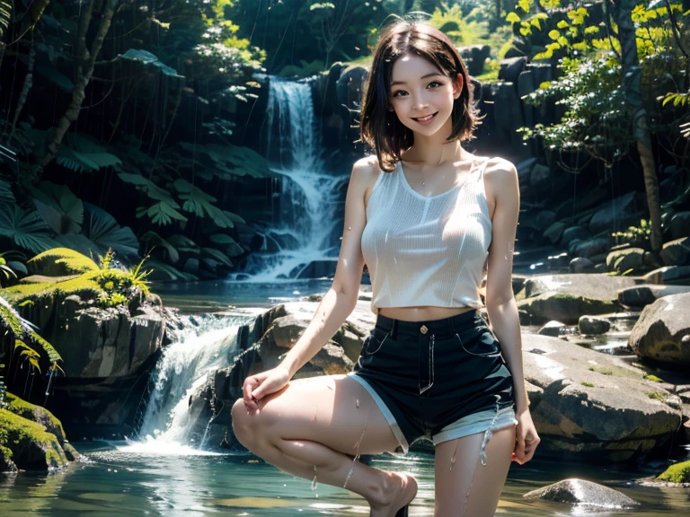 (highest quality、masterpiece、8K、Highest image quality、hyper realism、Award-winning work)、(1 pretty girl:1.4)、(Photographs of people:1.4)、(Outdoor cap:1.1)、(women's feminine pink tank top shirt:1.2)、(Cute girly tank top shirt:1.2)、(Damaged denim shorts:1.1)、standing elegantly、huge waterfall、beautiful spectacular waterfall、Sparkling water、Light fog、blurred background、detailed and intricate forest、In a mysterious and majestic forest、many beautiful trees々、big rock、rock wall、Majestic nature、Woman in a majestic forest、beautiful sunlight filtering through the foliage、beautiful clear water、the biggest smile when you look at me、upper body photo、(accurate anatomy:1.1)、natural makeup、Super high-definition glossy skin、Super high-definition glowing beautiful skin、Ultra high definition glossy lips、Super high definition beautiful teeth