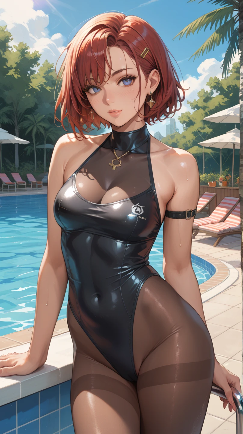 Browsing Caution, 1 person,highest quality, Best image quality, masterpiece, Very detailed, shape, Pool, One piece swimsuit, girl, Ranma,Red Short Hair, Slime nest, Slime (substance), ((服にSlimeがまとわりつく)),(((Big Breasts))),Erect nipples,Camel Toe,Imprisonment, Inhibition, bondage, big Slime, (Tentacles, Transparent body), (Grab her breasts),Browsing Caution,
