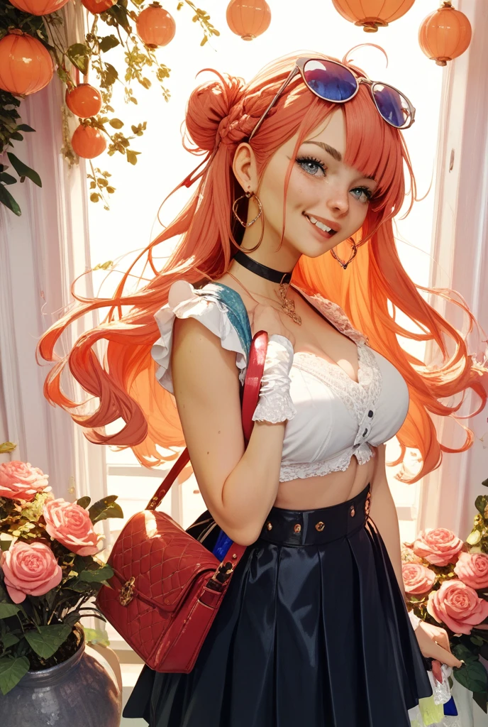 ((best quality, ultra-detailed, photorealistic: 1.39), bright and vibrant colors, studio lighting, romantic expression, seductive, Cute girl, small breasts, long sleeve blouse and beautiful skirt, on the street with beautiful stores