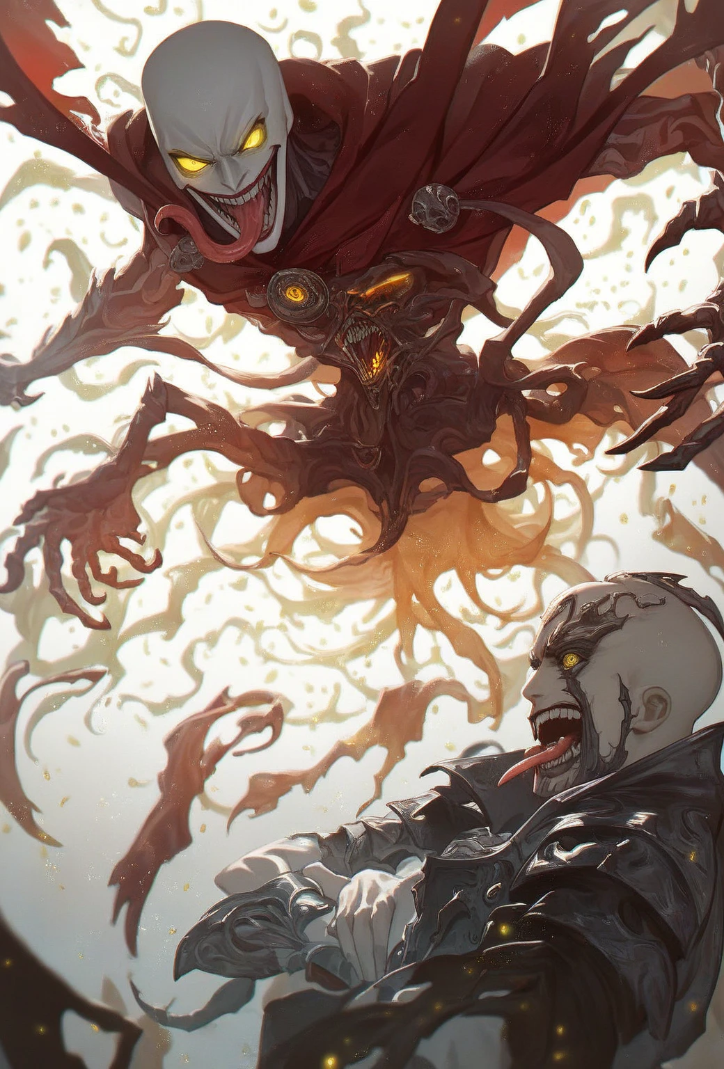 Venom spawn samurai,oni face mask venom teeth,realistic, glowing red eyes, black and red battle armor, blood moon background, holding a bag katana,in attack position, ultra hd,