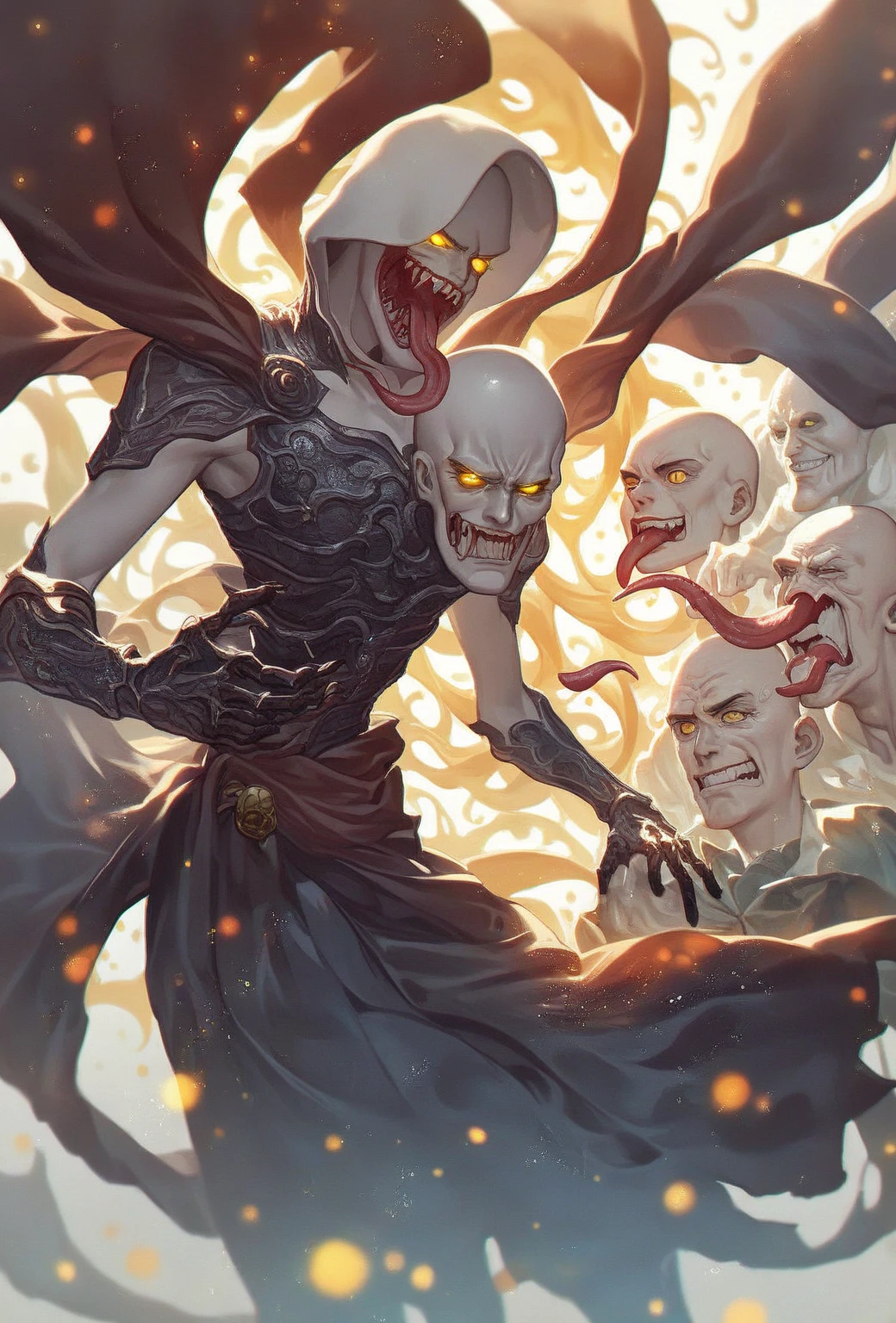 A weak team, powerless to resist, helplessly watches as the giant evil spirit gets closer and closer to them, their expressions filled with helplessness and despair, surrounded by a sense of oppression, , 32k, best quality, masterpiece, super detail, high details,