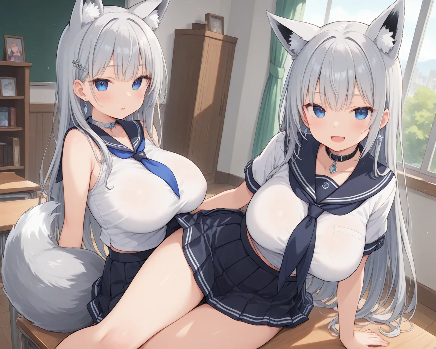 (Highest quality), (High resolution), (masterpiece), (Very detailed), Wolf Ear, Silver Hair, Long Hair, Bright Blue Eyes, One Girl, Silky skin, Shiny skin, Athletic build, blush, Heavy breathing, chest, Fully dressed in school swimsuit, Front view, Perfect composition, (Bright saturation), Rubbing your crotch against the corner of a desk, Dripping love juice, Heart Pupil, Expression of pleasure, Trembling with sexual climax, Heavy breathing