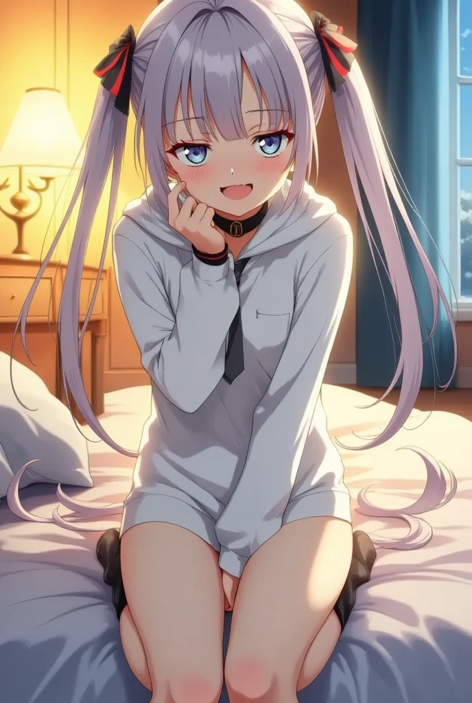1girl, solo, long hair, looking at viewer, blush, bangs, blue eyes, long sleeves, bow, sitting, closed mouth, collarbone, jacket, hair bow, grey hair, thighs, frills, open clothes, indoors, hood, legs, book, bare legs, window, bed, on bed, stuffed toy, pink bow, blue jacket, pajamas, slippers, bedroom, izumi sagiri