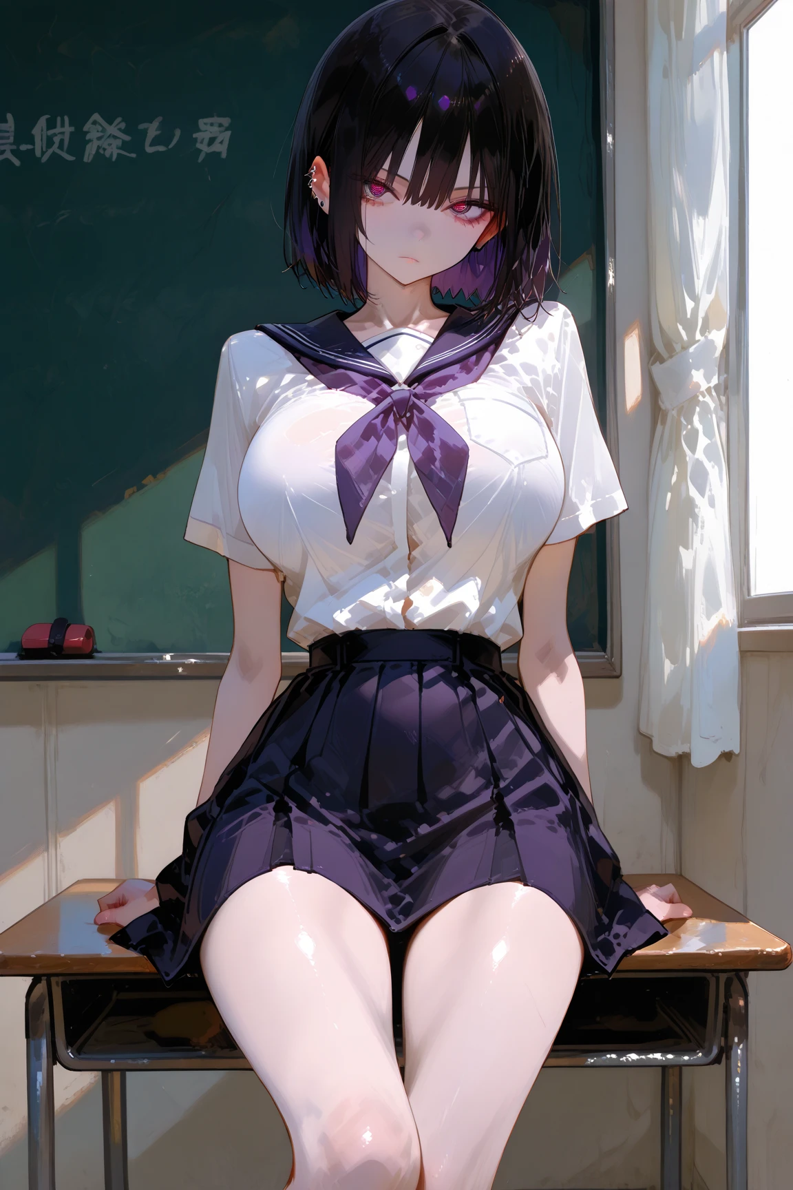 best image quality、超A high resolution、Raw photo、professionally lit、detailed background、I'm in a classroom full of people、 full body、Cuts,(dark purple hair、short hair、hair tied at the back of the head)+(green eye)+(black ring choker)、(school uniform:1.4)、(white underwear:1.3)、black socks、big saggy breasts、Huge breasts that are about to explode、sweaty skin、flip up the skirt、spread your legs and show your shorts、A woman showing off her shorts、Flip up the skirt yourself. Squatting.、spread your legs wide、、enchanting eyes、confused eyes、blushing face、laughter、open your mouth、))