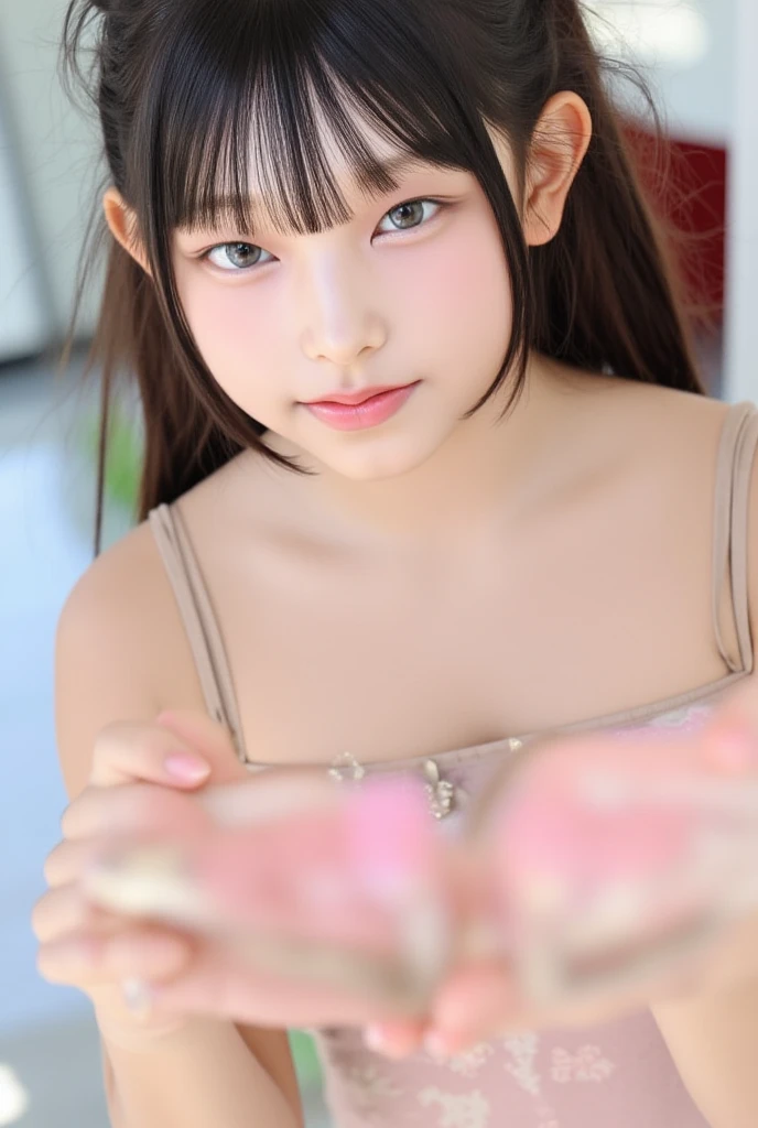 ((top-quality)) ((masuter piece))、intricate-detail、foco nítido、proffesional、Photorealsitic、Real life、surrealistic、photorealisim、Silhouette Light、finely detail、Highly detailed CG Unity 8K wallpapers、erfect artwork、shinny hair、radiant eyes、shinny skin、realisitic、Looking at the camera、Very delicate and cute、best qualtiy、Cute detailed girl、cute large eyes、Facial Lights、Cinematic lighting、Transparent material、realistic representation of face、(intricate detailes)、no-makeup、(Detailed beautiful delicate face、Detailed and beautiful delicate eyes and face)Detailed skin、Best ratio of four fingers and one thumb、Thin fashion、独奏、(Very young)、Facial Highlights、luxury room、Professional Writing、Knee shot、Beautiful navel、1人、(Looks under 10 tanding facing the front、Rat trail section、Inseam delta、Bare shoulders and elbows and arms、Chest flat、((flat-chest: 1.4))、女の子1人、Back lighg、Many flowers、((non-blur))、((subminiature)) 、((Super skinny girl))、((Ultra-small ass:1.4))、((very thin thighs))、(Super young Japan transcendent beautiful girl)、small nostrils、Healthy face、Soft lips、pale cherry colored lips、(rather thin eyebrows: 1.4)、shiny large black eyes、(Medium black hair,:1.1)、(Beautiful girl with cute loli face:1.6)、big、(The corners of the mouth rise:1.4)、((Raise your hands to expose your beautiful armpits))、(1 thin and tight white camisole)、Very short spats of bright colors、((1 thin and fairly tight spats:1.4))、Plump round face、(smile shy:1.8)、cheeks are reddened、Eyes for hollow details、Floating hair、large eyes that are symmetrical、Small protrusions、hair clips、No face makeup、夏天、The room is hot, So wear the bare minimum