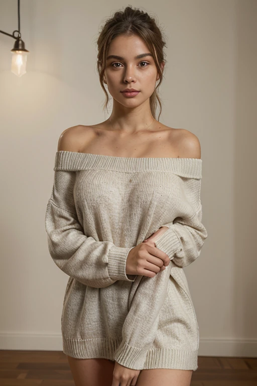1girl in,Sweaters, peach colours sweaters, background,lifelike face ,half naked