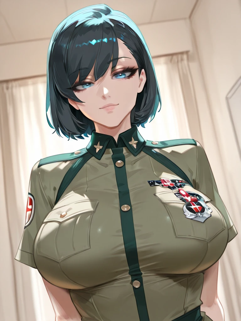 1,girl, asian.milf,Dutt bun Haircut, black hair,glasses, gold epaulet,black belt,green general army officer, latex blazer Uniform, green latex trousers,big breats, cleavage,gold collar, stand
