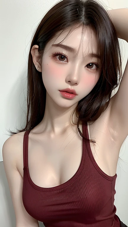 ((Highest quality、8k、masterpiece、Realistic live action:1.3))、Perfect Body Beauty、((Big Breasts:1.2))、(Tank top)、Highly detailed face and skin texture、Looking into the camera、((Beautiful Skin))、Fashion Model、Moisturizing the skin、Shiny, Beautiful Skin, Lip sync lips、nail、(((One woman)))、Glowing Skin、Glossy thighs、whole body、Armpit hair