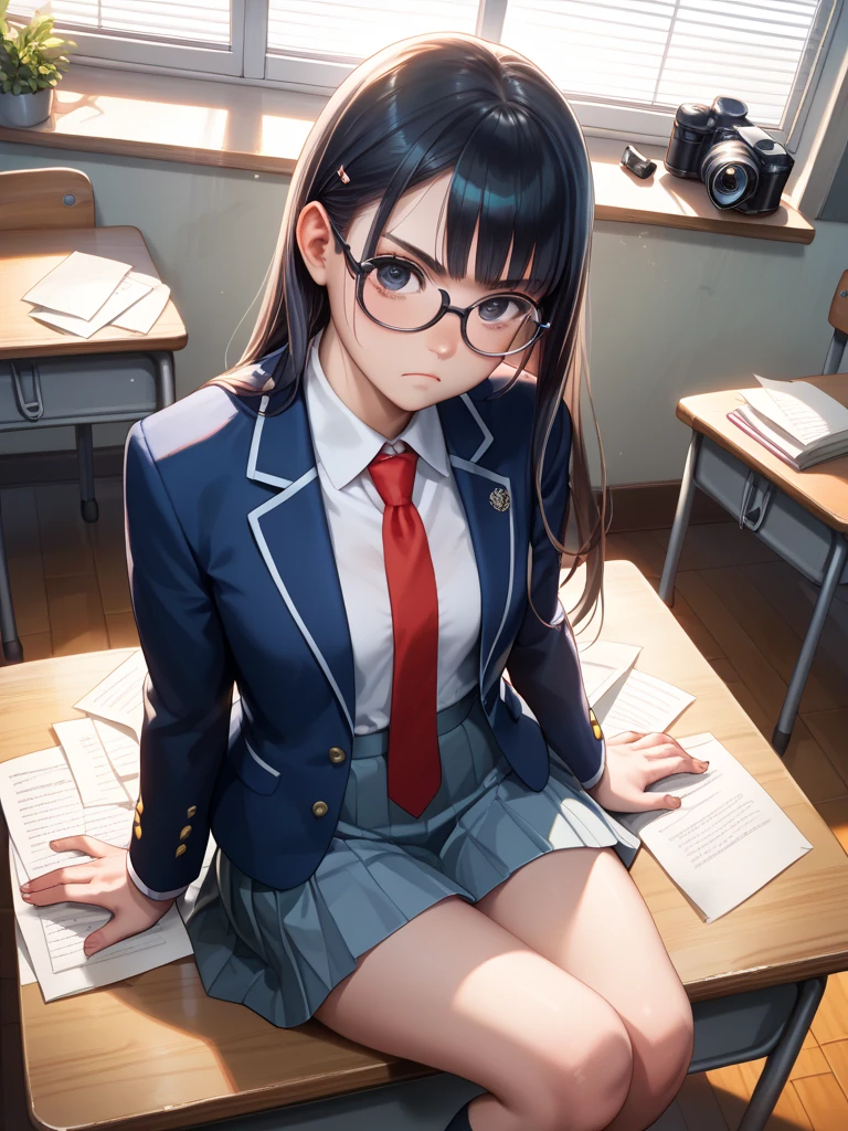 high school girl 15 years old blazer library Brown glasses squat With legs closed medium length hair gentle smile