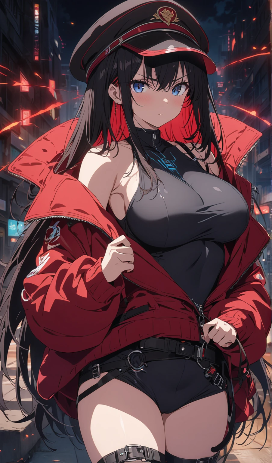 Best quality, (masterpiece:1.2), 1girl, night city wear, massive breast, perfect body, standing, smile, grinning expression, landscape is cyber punk city , at night , bare top
