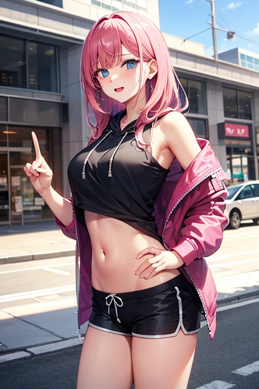 1girl in, Pink twin-tailed hair, blue eyess, a navel, Look at viewers, put hands on the hip, Black jacket, Dolphin Shorts, Rat trail section, (white shirt:1.2), Very long hair, Wide waist,Tank Tops、
Big\(BodyProportions\),