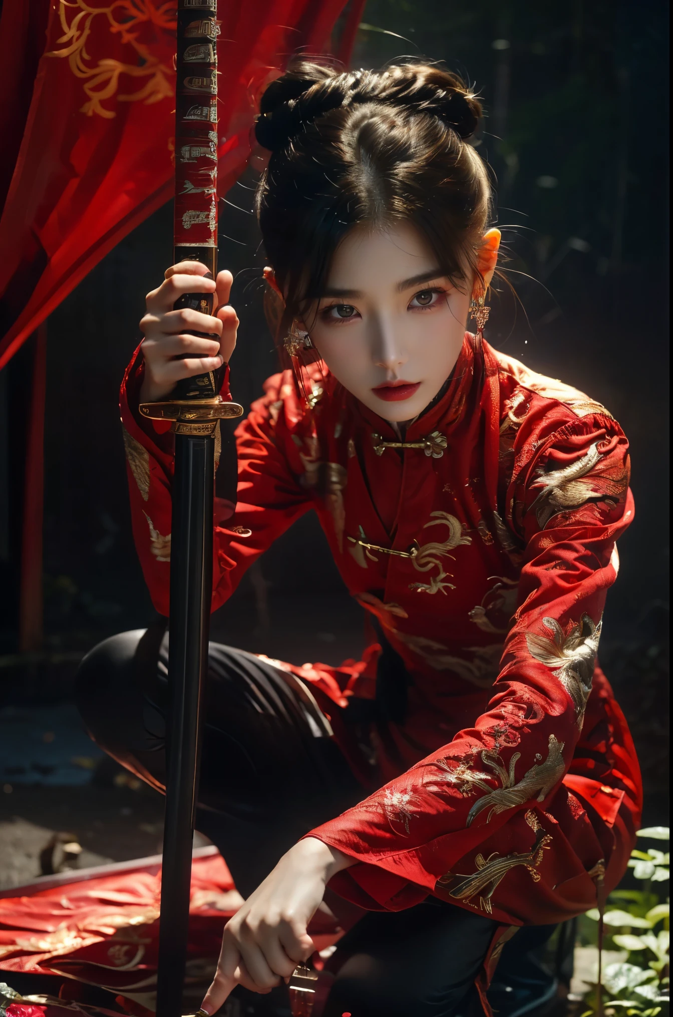 Smoky makeup:2,Black eyeshadow:2,Black lips:2,anatomical correct:2,solo,word
xuer ai yazawa style girl,1 Girl,Solitary,Black Hair,Hair Bun,Chinese clothes,Keep,Keep weapon,twice as good,Bangs,blunt Bangs,One knee,looking at the audience,Jewelry,earrings,black background,Long sleeve,eastern dragon,Samurai sword,Shut up,tight shiny leggings,dragon,golden footwear,Eze,Anatomically correct:2,(disgust:1.3),Ultra-high resolution,((masterpiece))),(((best quality))),((Super detailed)),((extremely delicate and beautiful)),Solitary,ezh