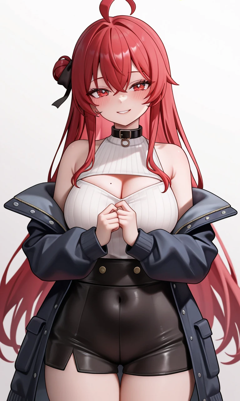 a beautiful girl with long red hair wearing a black dress, extremely detailed facial features, bob hairstyle, full body illustration, woman wearing a long black and red coat, solo character, white background, anime style, highly detailed, photorealistic, 8k, best quality, masterpiece, blue eyes